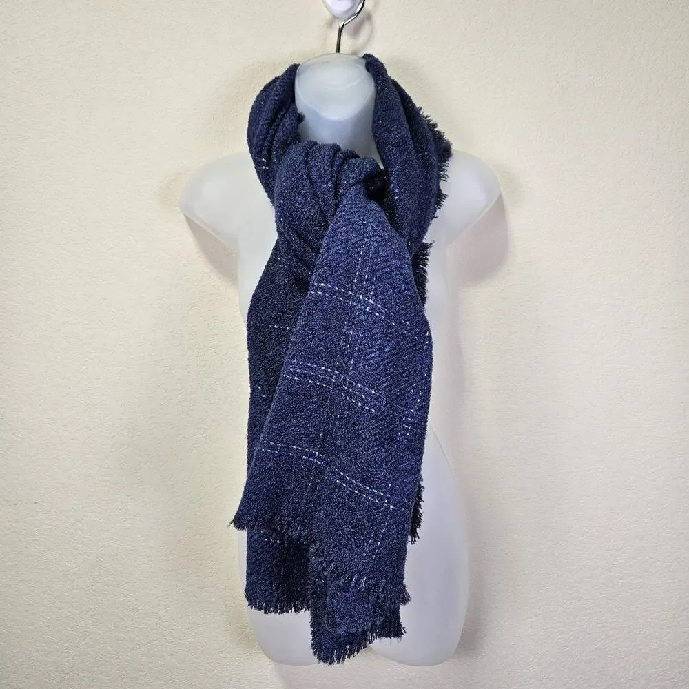 Talbots Metallic Windowpane Plaid Wrap Womens Large Scarf Sapphire Blue Fringed